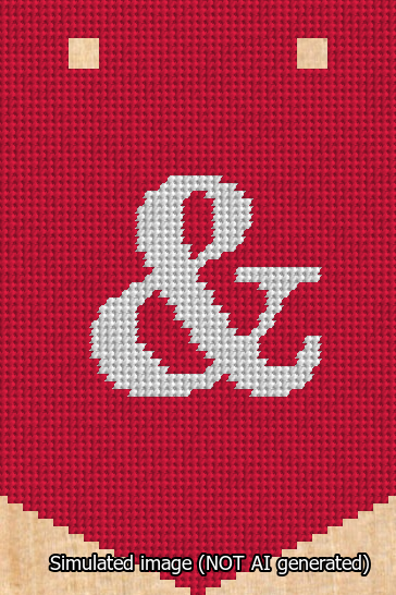 A simulated image of the stitched needlepoint design: Banner 13m Pointed Ampersand White on Red. Not A.I. generated.