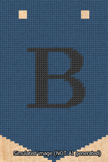 A simulated image of the stitched needlepoint design: Banner 13m Pointed B Black on Blue. Not A.I. generated.