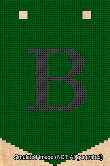 A simulated image of the stitched needlepoint design: Banner 13m Pointed B Black on Green. Not A.I. generated.