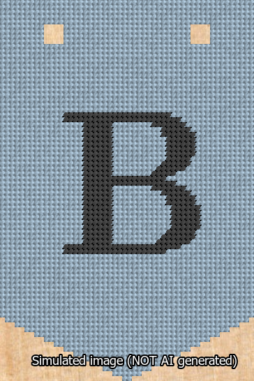 A simulated image of the stitched needlepoint design: Banner 13m Pointed B Black on Light Blue. Not A.I. generated.