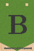 A simulated image of the stitched needlepoint design: Banner 13m Pointed B Black on Light Green. Not A.I. generated.