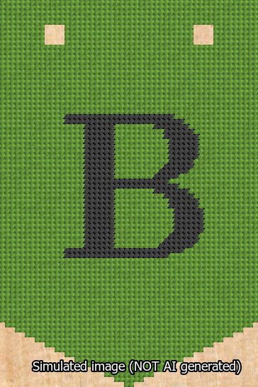 A simulated image of the stitched needlepoint design: Banner 13m Pointed B Black on Light Green. Not A.I. generated.
