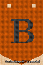 A simulated image of the stitched needlepoint design: Banner 13m Pointed B Black on Orange. Not A.I. generated.
