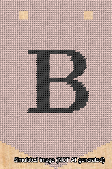 A simulated image of the stitched needlepoint design: Banner 13m Pointed B Black on Pink. Not A.I. generated.