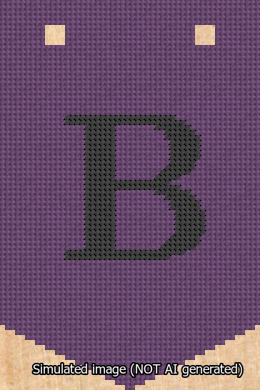 A simulated image of the stitched needlepoint design: Banner 13m Pointed B Black on Purple. Not A.I. generated.