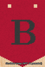 A simulated image of the stitched needlepoint design: Banner 13m Pointed B Black on Red. Not A.I. generated.