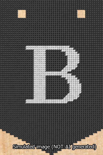 A simulated image of the stitched needlepoint design: Banner 13m Pointed B White on Black. Not A.I. generated.