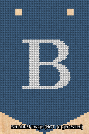 A simulated image of the stitched needlepoint design: Banner 13m Pointed B White on Blue. Not A.I. generated.