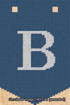 A simulated image of the stitched needlepoint design: Banner 13m Pointed B White on Blue. Not A.I. generated.