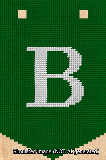 A simulated image of the stitched needlepoint design: Banner 13m Pointed B White on Green. Not A.I. generated.