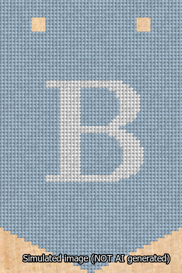 A simulated image of the stitched needlepoint design: Banner 13m Pointed B White on Light Blue. Not A.I. generated.