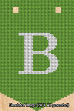 A simulated image of the stitched needlepoint design: Banner 13m Pointed B White on Light Green. Not A.I. generated.
