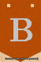 A simulated image of the stitched needlepoint design: Banner 13m Pointed B White on Orange. Not A.I. generated.