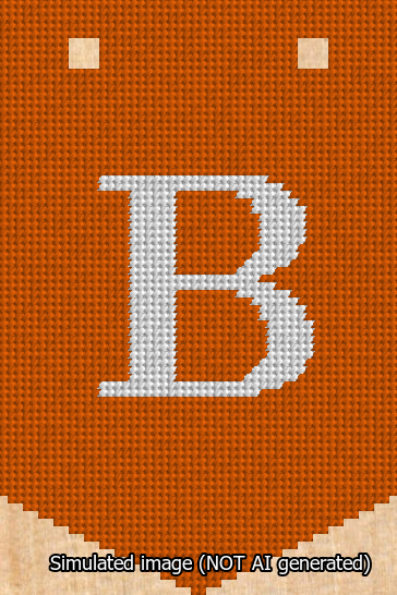 A simulated image of the stitched needlepoint design: Banner 13m Pointed B White on Orange. Not A.I. generated.