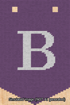 A simulated image of the stitched needlepoint design: Banner 13m Pointed B White on Purple. Not A.I. generated.