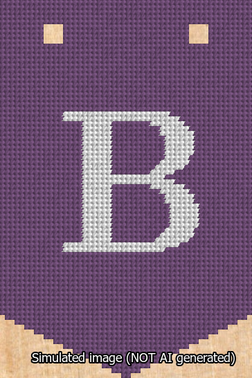 A simulated image of the stitched needlepoint design: Banner 13m Pointed B White on Purple. Not A.I. generated.
