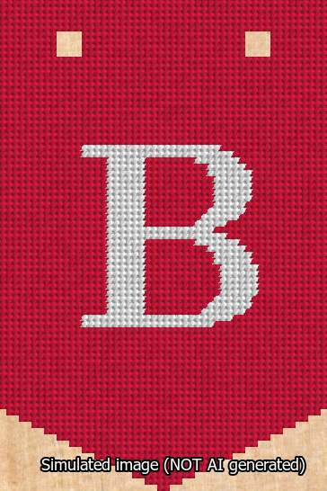 A simulated image of the stitched needlepoint design: Banner 13m Pointed B White on Red. Not A.I. generated.