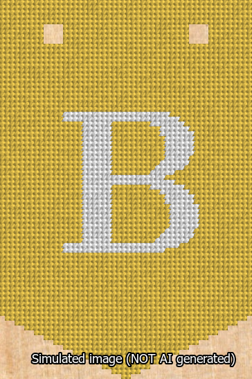 A simulated image of the stitched needlepoint design: Banner 13m Pointed B White on Yellow. Not A.I. generated.