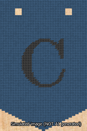 A simulated image of the stitched needlepoint design: Banner 13m Pointed C Black on Blue. Not A.I. generated.
