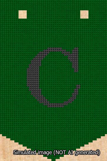 A simulated image of the stitched needlepoint design: Banner 13m Pointed C Black on Green. Not A.I. generated.