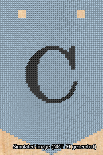 A simulated image of the stitched needlepoint design: Banner 13m Pointed C Black on Light Blue. Not A.I. generated.