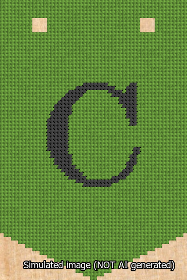 A simulated image of the stitched needlepoint design: Banner 13m Pointed C Black on Light Green. Not A.I. generated.