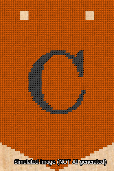 A simulated image of the stitched needlepoint design: Banner 13m Pointed C Black on Orange. Not A.I. generated.