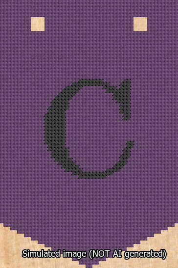 A simulated image of the stitched needlepoint design: Banner 13m Pointed C Black on Purple. Not A.I. generated.