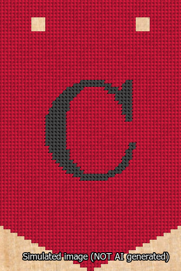 A simulated image of the stitched needlepoint design: Banner 13m Pointed C Black on Red. Not A.I. generated.