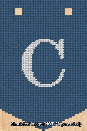 A simulated image of the stitched needlepoint design: Banner 13m Pointed C White on Blue. Not A.I. generated.