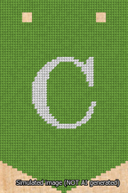 A simulated image of the stitched needlepoint design: Banner 13m Pointed C White on Light Green. Not A.I. generated.