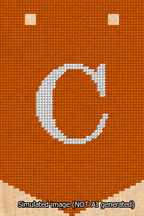 A simulated image of the stitched needlepoint design: Banner 13m Pointed C White on Orange. Not A.I. generated.