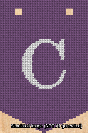 A simulated image of the stitched needlepoint design: Banner 13m Pointed C White on Purple. Not A.I. generated.