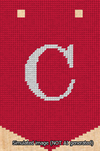 A simulated image of the stitched needlepoint design: Banner 13m Pointed C White on Red. Not A.I. generated.