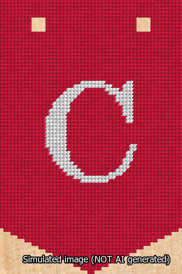 A simulated image of the stitched needlepoint design: Banner 13m Pointed C White on Red. Not A.I. generated.