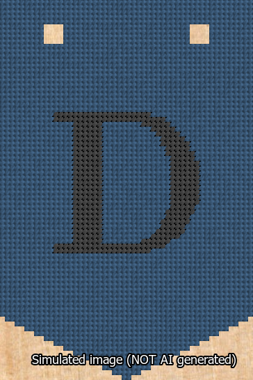 A simulated image of the stitched needlepoint design: Banner 13m Pointed D Black on Blue. Not A.I. generated.
