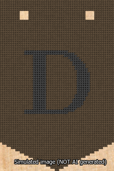 A simulated image of the stitched needlepoint design: Banner 13m Pointed D Black on Brown. Not A.I. generated.
