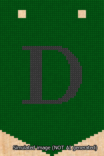 A simulated image of the stitched needlepoint design: Banner 13m Pointed D Black on Green. Not A.I. generated.
