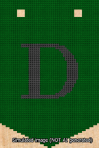 A simulated image of the stitched needlepoint design: Banner 13m Pointed D Black on Green. Not A.I. generated.