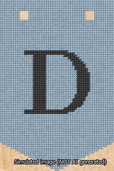 A simulated image of the stitched needlepoint design: Banner 13m Pointed D Black on Light Blue. Not A.I. generated.