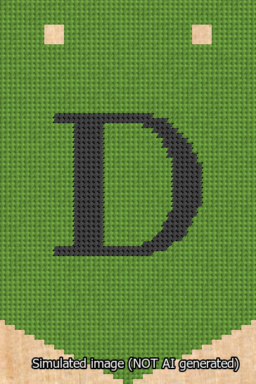 A simulated image of the stitched needlepoint design: Banner 13m Pointed D Black on Light Green. Not A.I. generated.