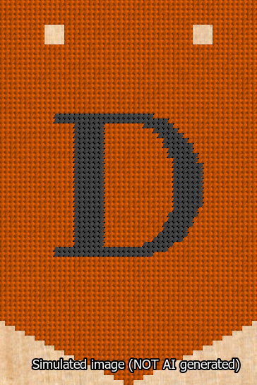 A simulated image of the stitched needlepoint design: Banner 13m Pointed D Black on Orange. Not A.I. generated.