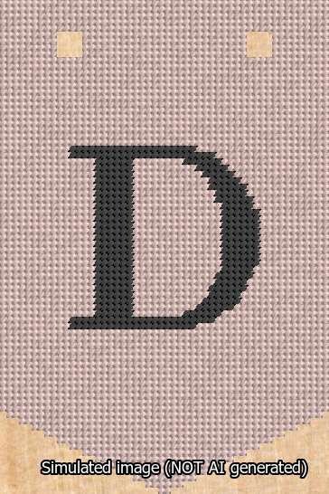 A simulated image of the stitched needlepoint design: Banner 13m Pointed D Black on Pink. Not A.I. generated.