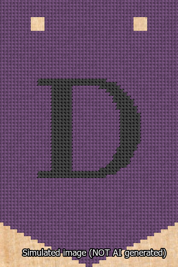 A simulated image of the stitched needlepoint design: Banner 13m Pointed D Black on Purple. Not A.I. generated.