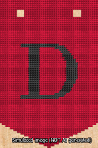 A simulated image of the stitched needlepoint design: Banner 13m Pointed D Black on Red. Not A.I. generated.