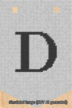 A simulated image of the stitched needlepoint design: Banner 13m Pointed D Black on White. Not A.I. generated.