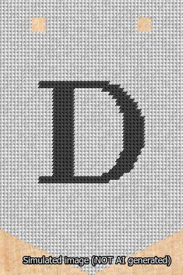 A simulated image of the stitched needlepoint design: Banner 13m Pointed D Black on White. Not A.I. generated.