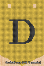 A simulated image of the stitched needlepoint design: Banner 13m Pointed D Black on Yellow. Not A.I. generated.