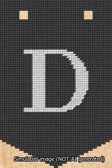 A simulated image of the stitched needlepoint design: Banner 13m Pointed D White on Black. Not A.I. generated.