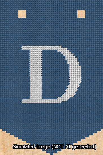 A simulated image of the stitched needlepoint design: Banner 13m Pointed D White on Blue. Not A.I. generated.
